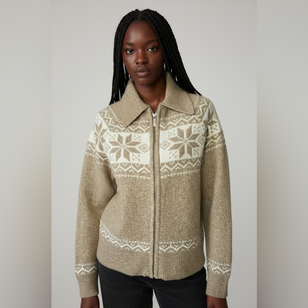 Marled Oatmeal Heather Snowflake Fair Isle Zip-Front Cardigan Sweater - Picture 9 of 9